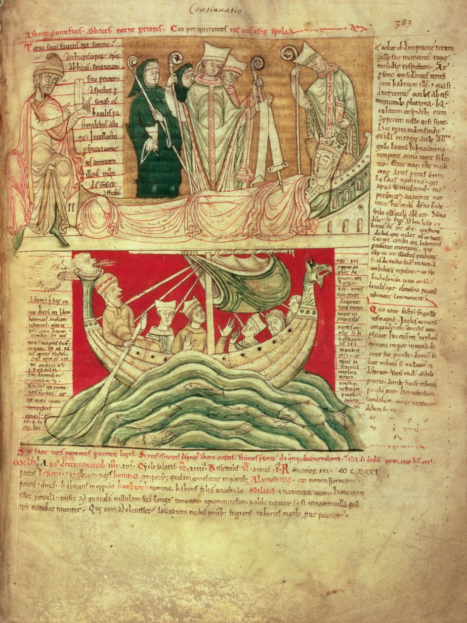 MS CCC 157 p.383 As visões sonhadas pelo Rei Henrique I na Normandia em 1130, da Crónica de Worcester, c.1130-40 (vellum) inserida c.1140 por João de Worcester na crónica iniciada por Florença de Worcester (d.1118); uma das mais antigas crónicas sobreviven de English School