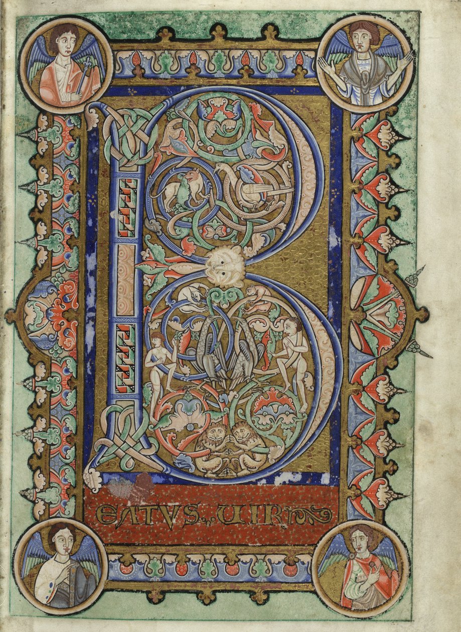 MS Hunter 229 f.22r do Hunterian Psalter, c.1170 (caneta & tinta, e têmpera em velino) de English School