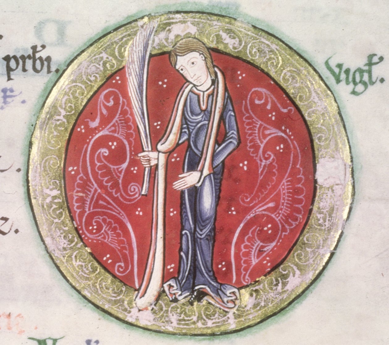 MS Hunter 229 f.4v Virgo, do Hunterian Psalter, c.1170 (caneta & tinta e têmpera em velino) (detalhe) de English School