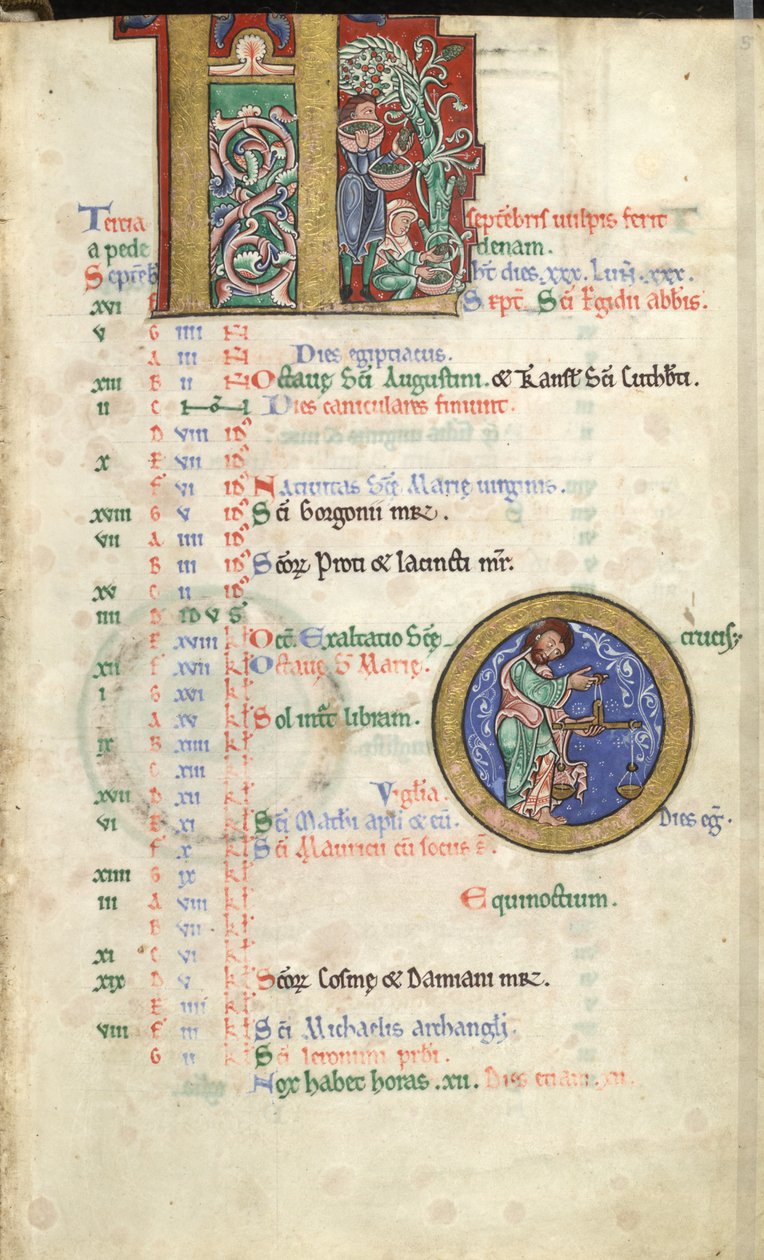 MS Hunter 229 f.5r Setembro, do Hunterian Psalter, c.1170 (caneta & tinta, e têmpera em velino) de English School