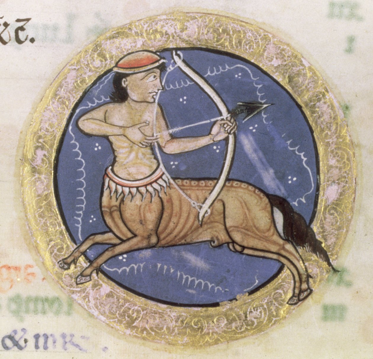 MS Hunter 229 f.6r Sagitário, do Saltério Hunteriano, c.1170 (caneta e tinta e têmpera em velino) (detalhe) de English School