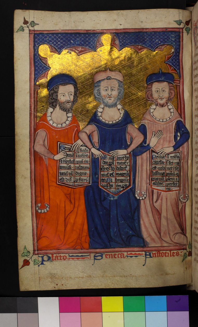 MS Hunter 231 Ilustração de Platão, Sêneca e Aristóteles (vellum) de English School