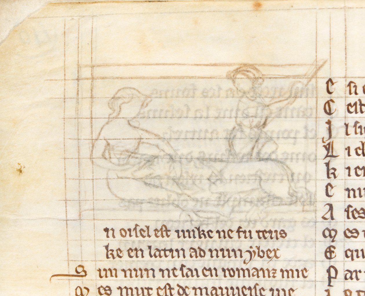 MS McClean 123 f.40v Underdrawing para uma miniatura mostrando um caçador pegando um unicórnio deitado nu no colo de uma virgem, de 