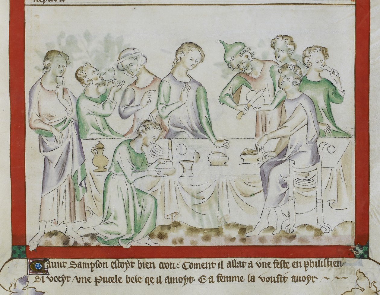 MS Royal 2 BVII, f.43 Encontro de Sansão e Dalila em uma festa filistéia, detalhe de 