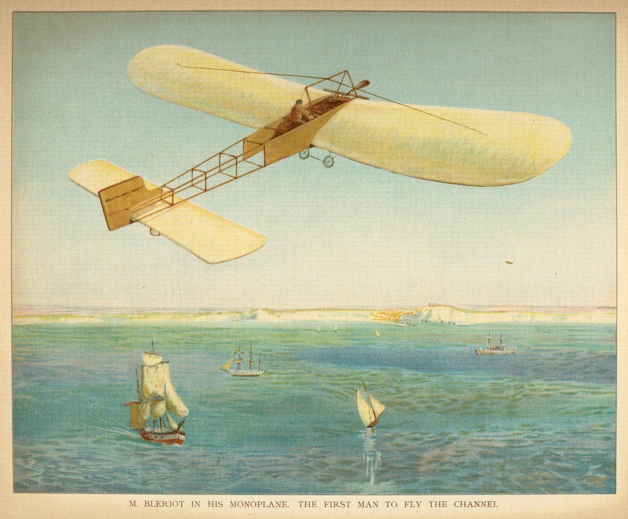 M. Bleriot em seu monoplano. O primeiro homem a voar no canal. O livro de dirigíveis das pessoas pequenas. Londres: Ernest Nister, [1912] de English School