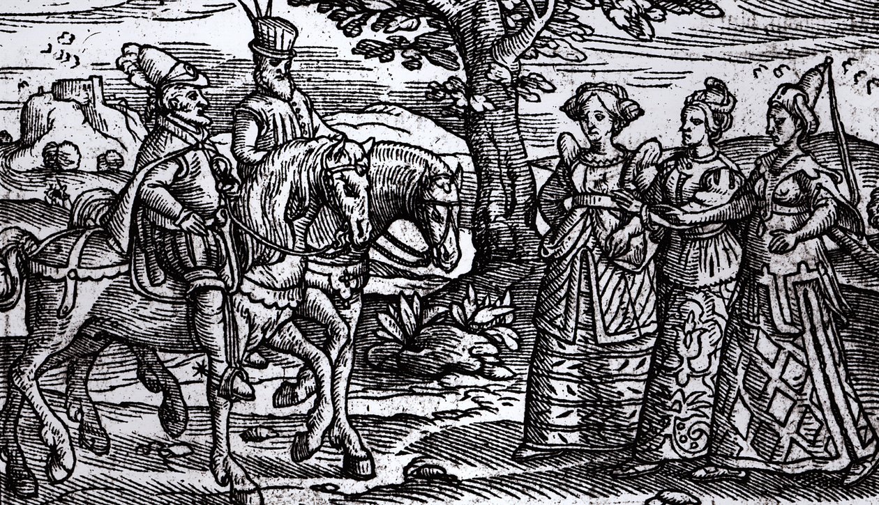 Macbeth, Banquo e as Três Bruxas, The Historie of Scotlande, 1577, de English School