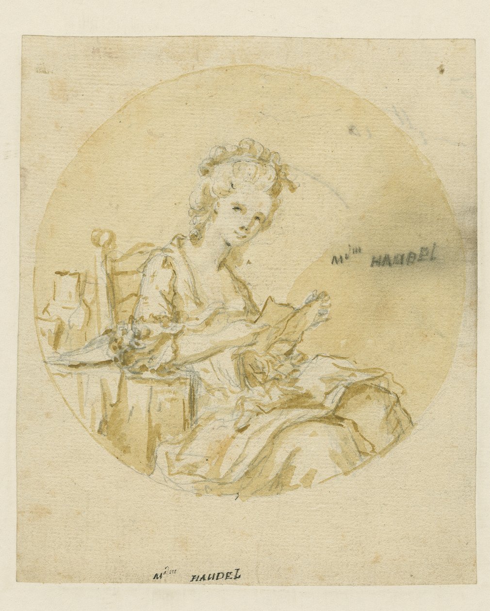 Madame Handel, meados do século 19 (caneta e tinta e lavar no papel) de English School