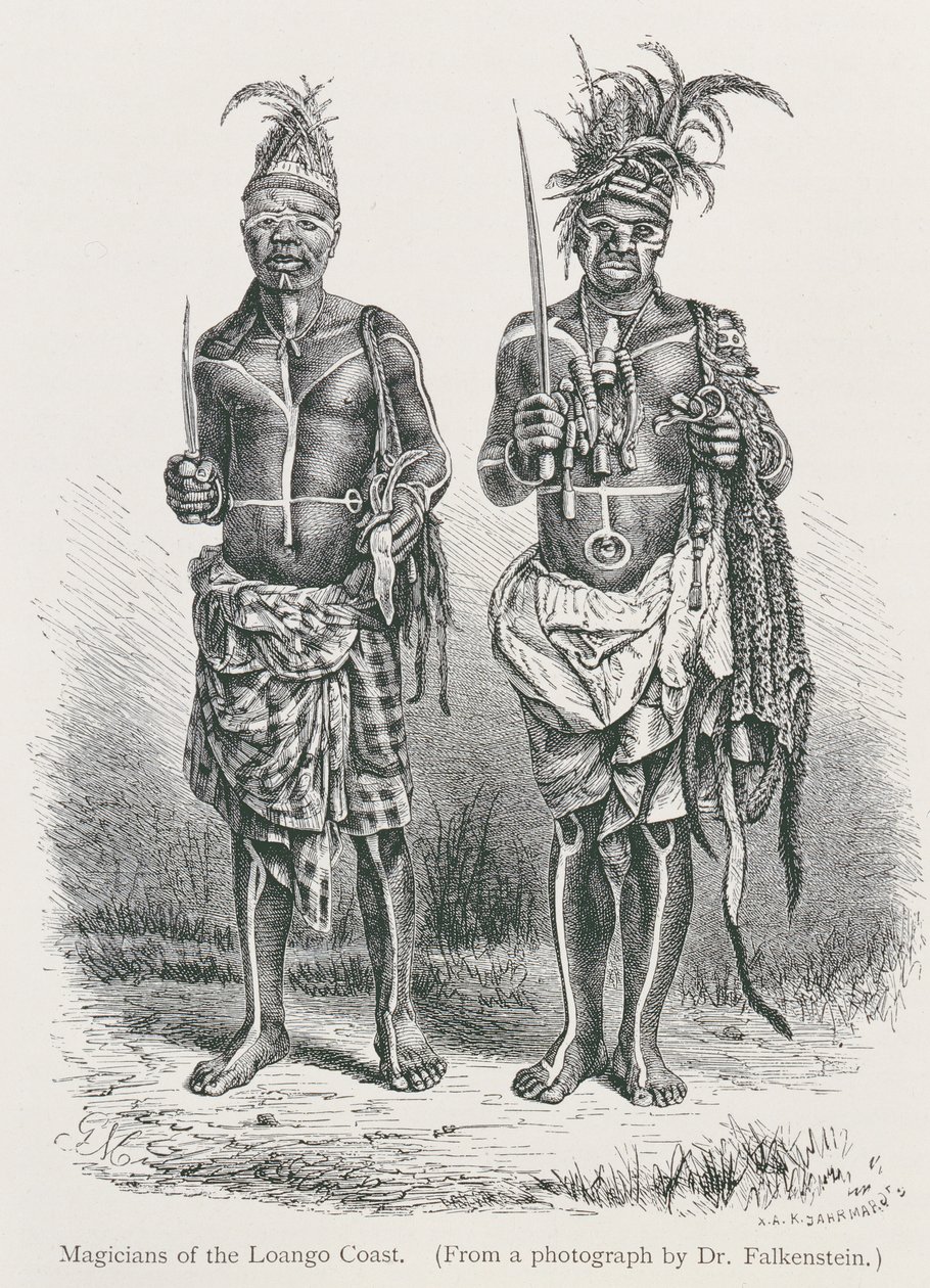 Mágicos da Costa do Loango, gravados a partir de uma fotografia do Dr. Falkenstein, de "The History of Mankind", Vol. 1, do Prof. Friedrich Rayzel, 1896 de English School