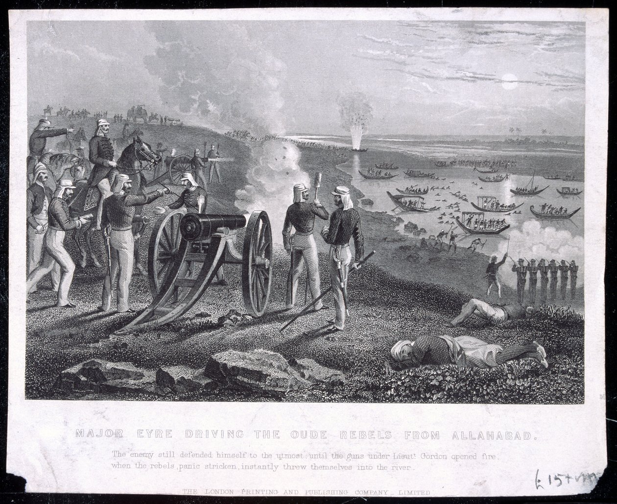 Major Eyre dirigindo os rebeldes Oude de Allahabad, publicou a London Printing and Publishing Company Limited, 1857 de English School