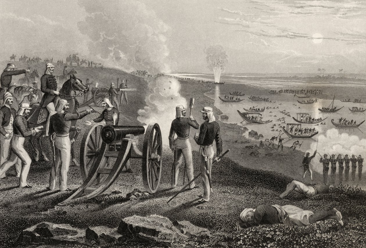 Major Eyre dirigindo os rebeldes Oude de Allahabad em 1857, de "A História do Motim Indiano", publicado em 1858 de English School