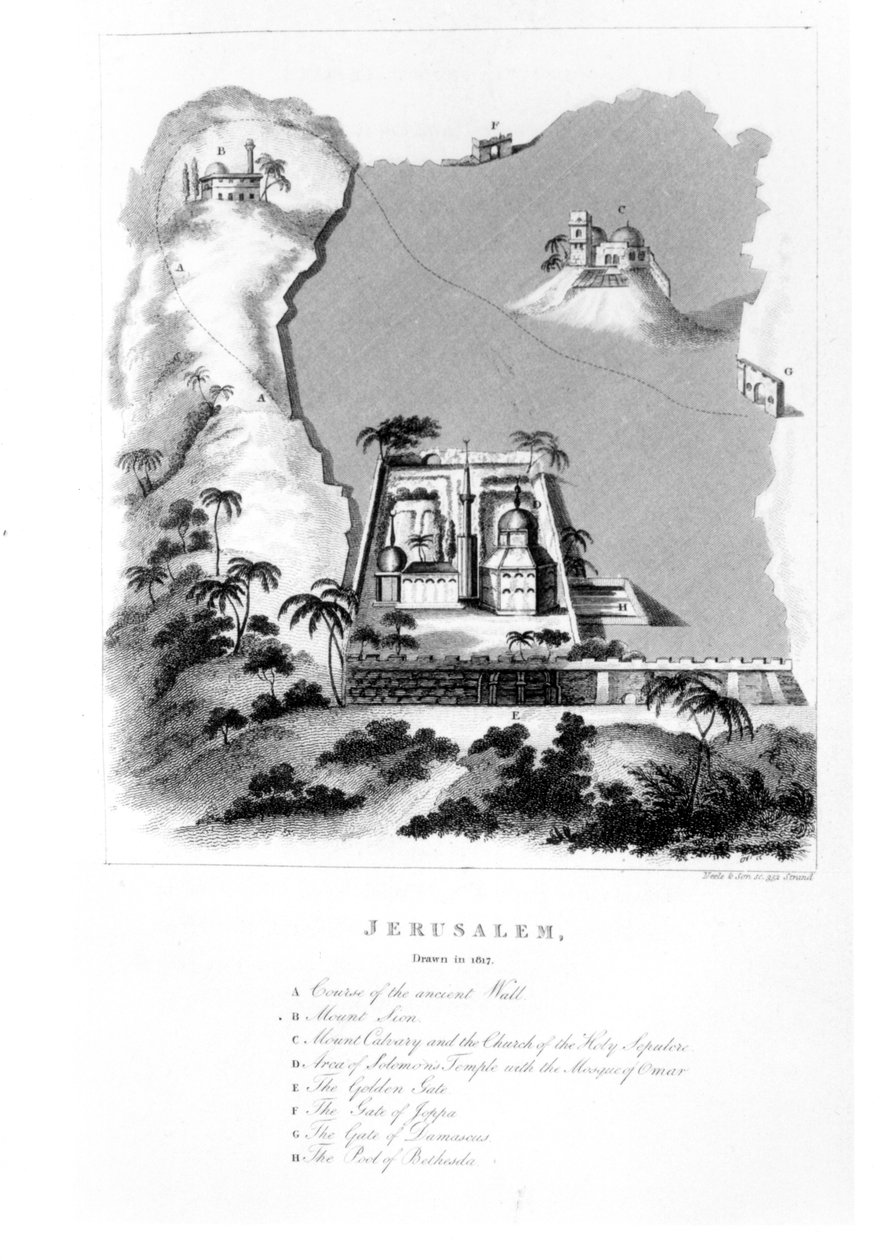 Principais marcos de Jerusalém a partir da história do evangelho, das Cartas da Palestina, Descritivo de um passeio pela Galiléia e Judéia por Jolliffe, publicado em 1819 de English School