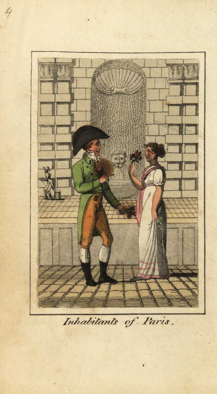 Homem e mulher de Paris em frente a uma fonte de English School