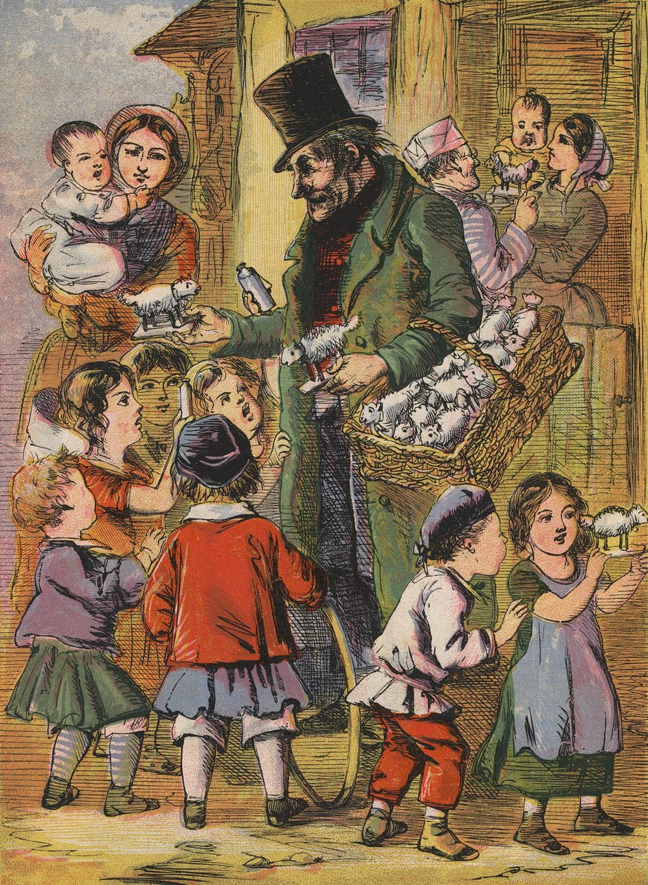 Homem a vender cordeiros de brinquedo (litografia a cores) de English School