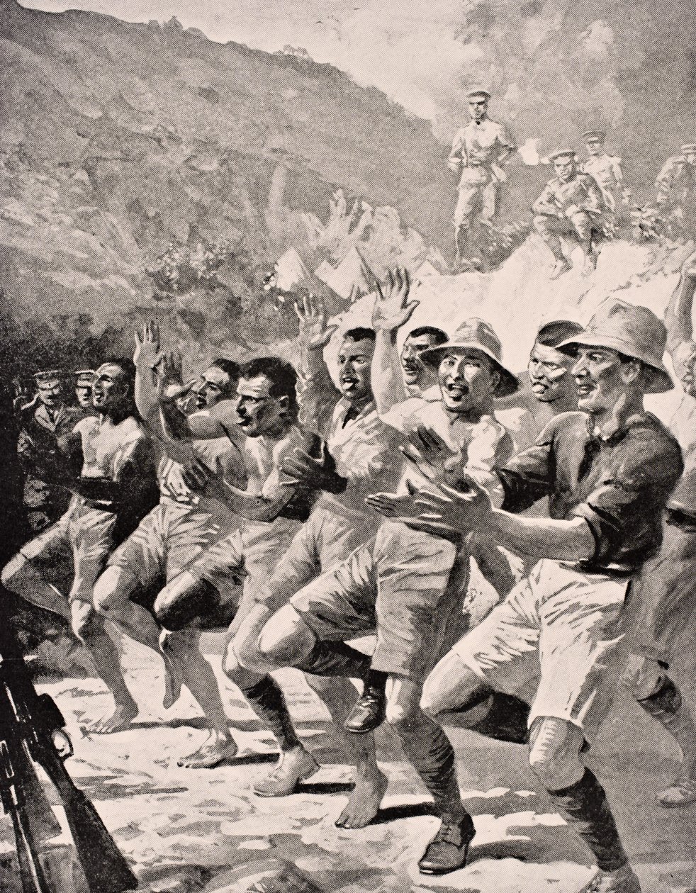 Soldados Maori realizam um Haka em Gaba Tepe na Península de Gallipoli na Turquia em 1915, de &39;The War Illustrated Album deLuxe&39;, publicado em Londres, 1916 de English School