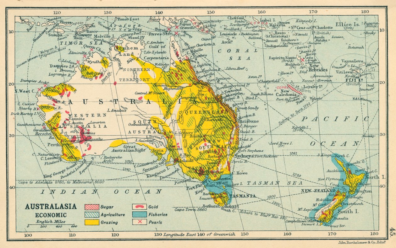 Mapa: Australásia, Económico (litografia a cores) de English School