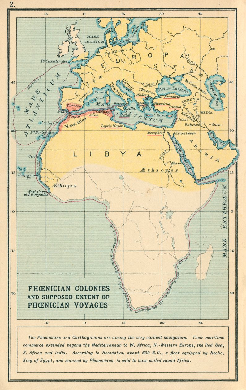 Mapa: Colónias fenícias e suposta extensão das viagens fenícias (litografia a cores) de English School