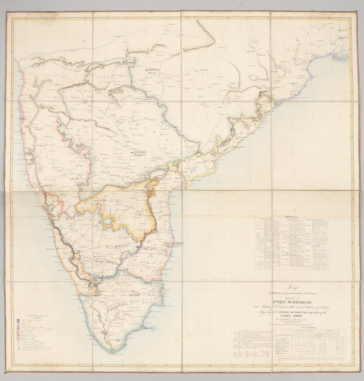 Mapa que mostra a actual divisão do país dependente do Forte St. George em divisões militares com várias estações de tropas de English School