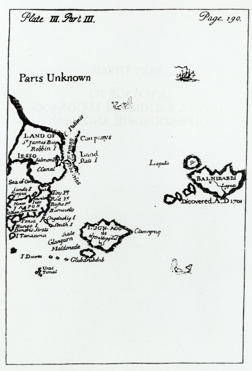 Mapa da Gullivers Travels por Jonathan Swift (1667-1745) de English School