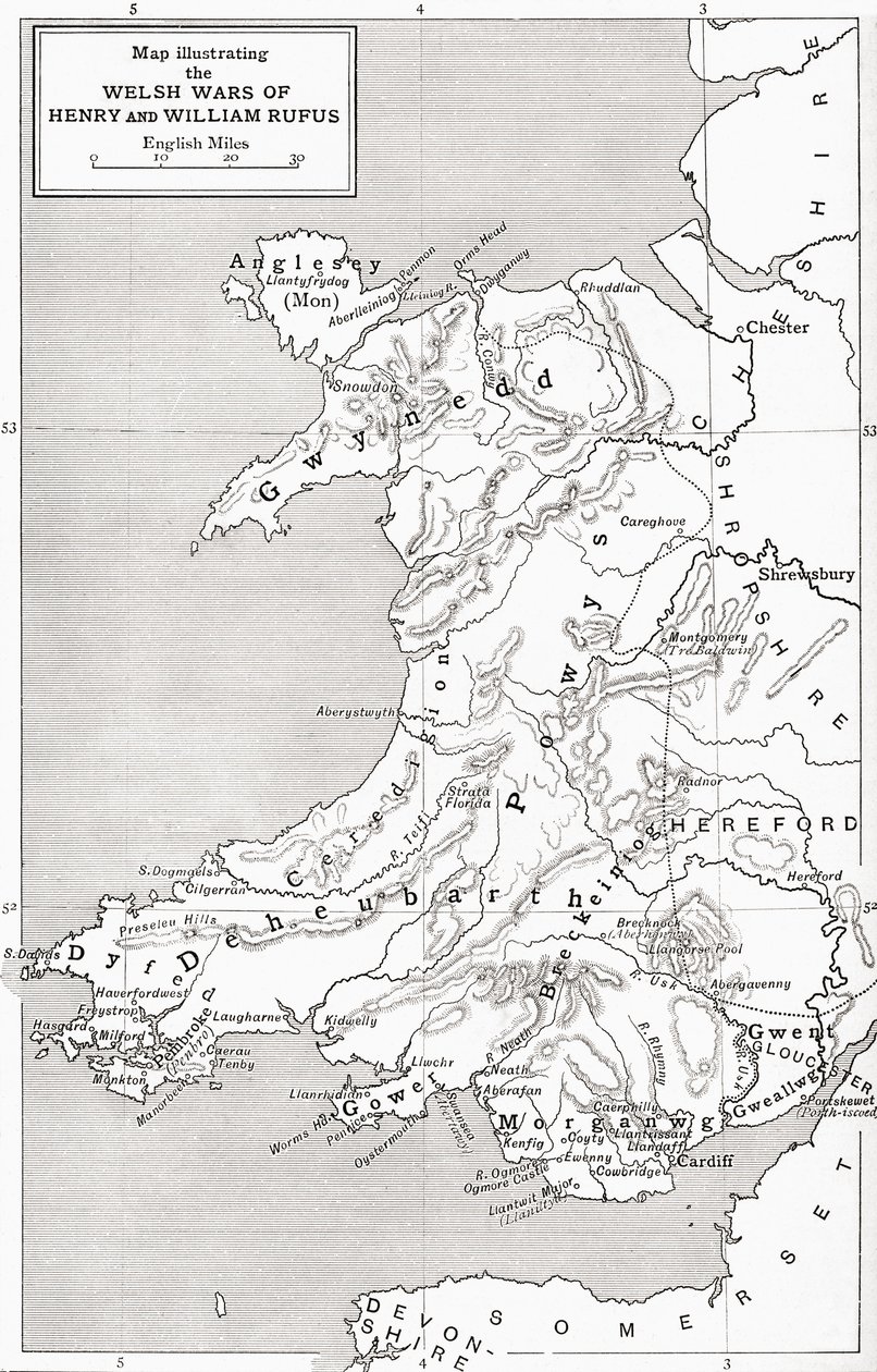 Mapa ilustrando as guerras galesas de William Rufus e Henry I, de "Uma Breve História do Povo Inglês", de JR Green, publicado em 1893 de English School