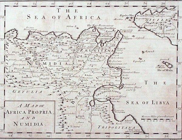 Mapa de África Propria e Numidia (Tunísia moderna e Argélia) finais do século XVIII (gravura) de English School