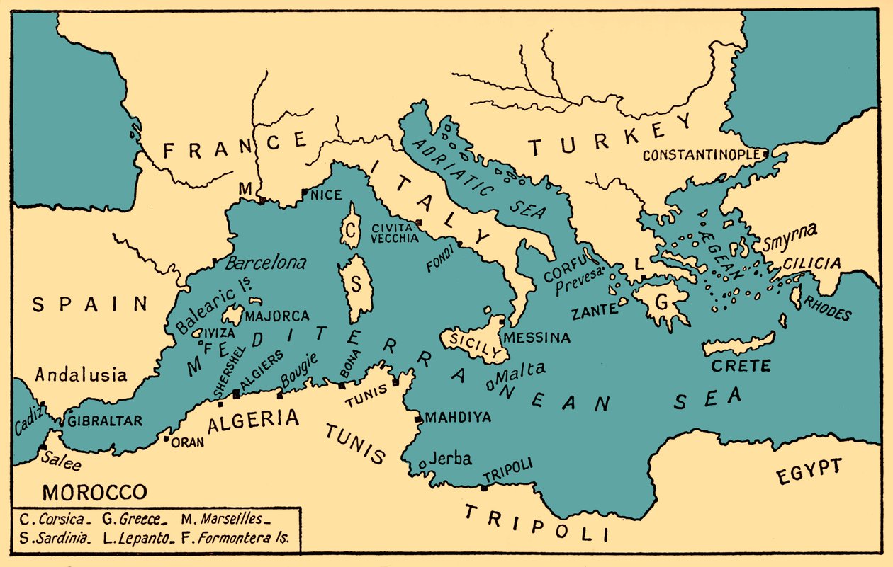 Mapa da pirataria antiga e dos corsários da Barbária, de "History of Piracy" de Philip Gosse de English School
