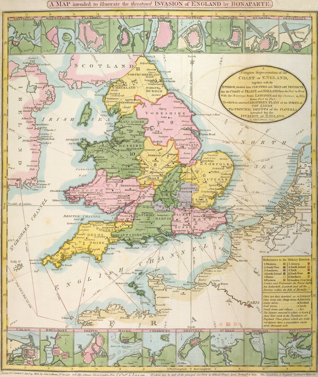 Mapa da Grã-Bretanha, ilustrando a ameaça de invasão de Napoleão Bonaparte (1769-1821) 1803 (cor litho) de English School
