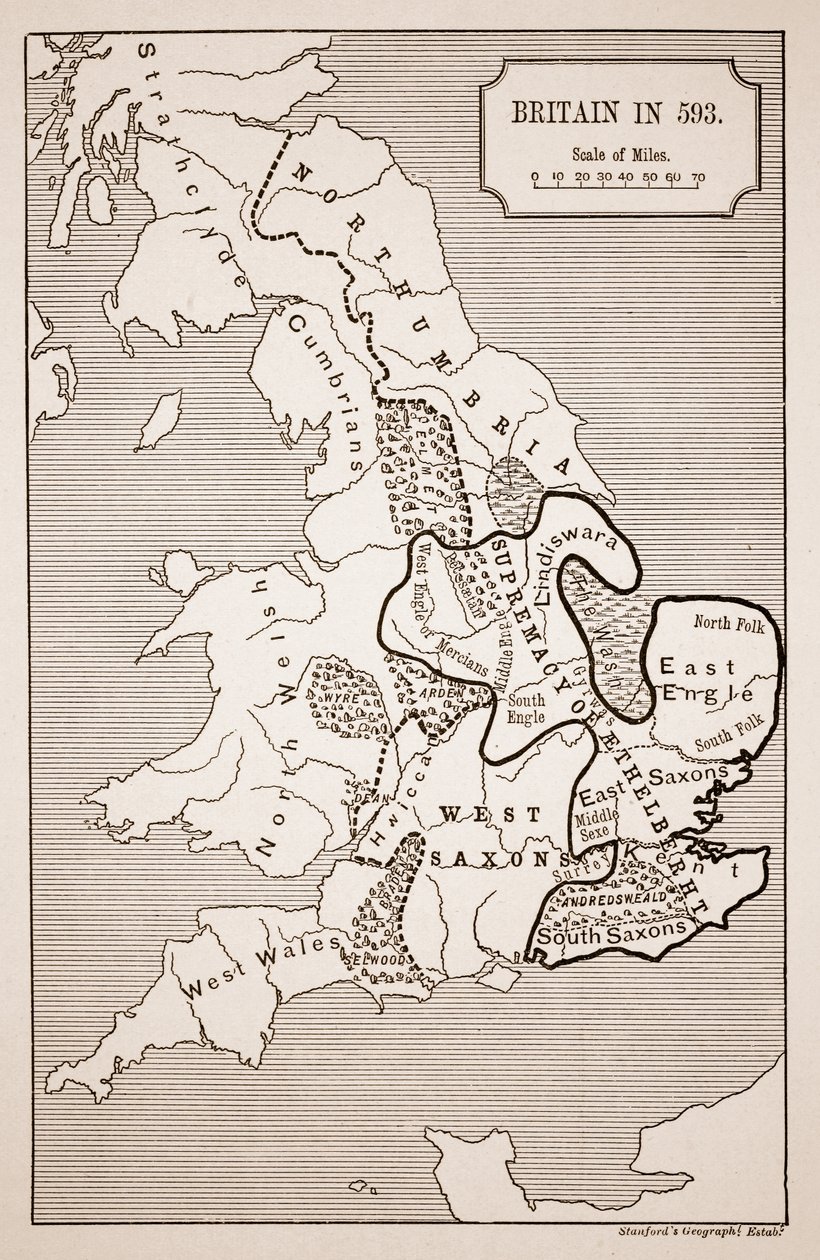 Mapa da Grã-Bretanha em 593, impresso pelo Estabelecimento Geográfico de Stanfords de English School