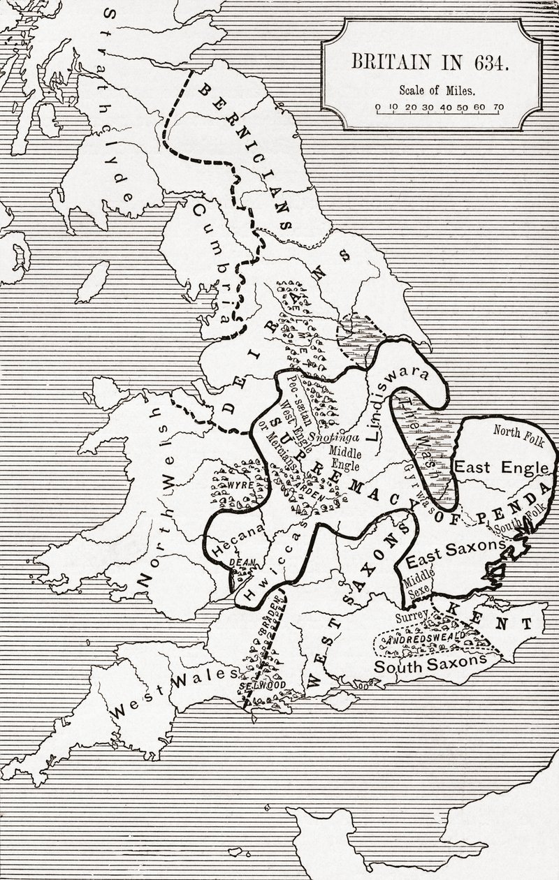 Mapa da Grã-Bretanha em 634, do Reino da Nortúmbria 588 a 685 em &39;Uma Breve História do Povo Inglês&39; por JR Green, publicado em 1893 de English School