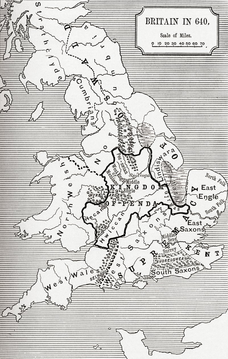 Mapa da Grã-Bretanha em 640, do Reino da Nortúmbria em &39;Uma Breve História do Povo Inglês&39; por JR Green, publicado em 1893 de English School