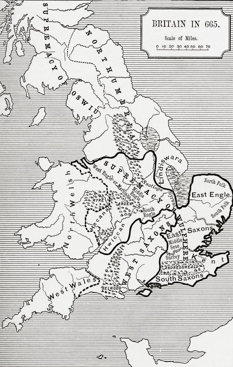 Mapa da Grã-Bretanha em 665, do Reino da Nortúmbria 588 a 685 em &39;Uma Breve História do Povo Inglês&39; por JR Green, publicado em 1893 de English School