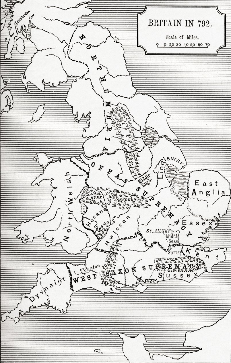 Mapa da Grã-Bretanha em 792, dos Três Reinos 685 a 828 em &39;Uma Breve História do Povo Inglês&39; por JR Green, publicado em 1893 de English School