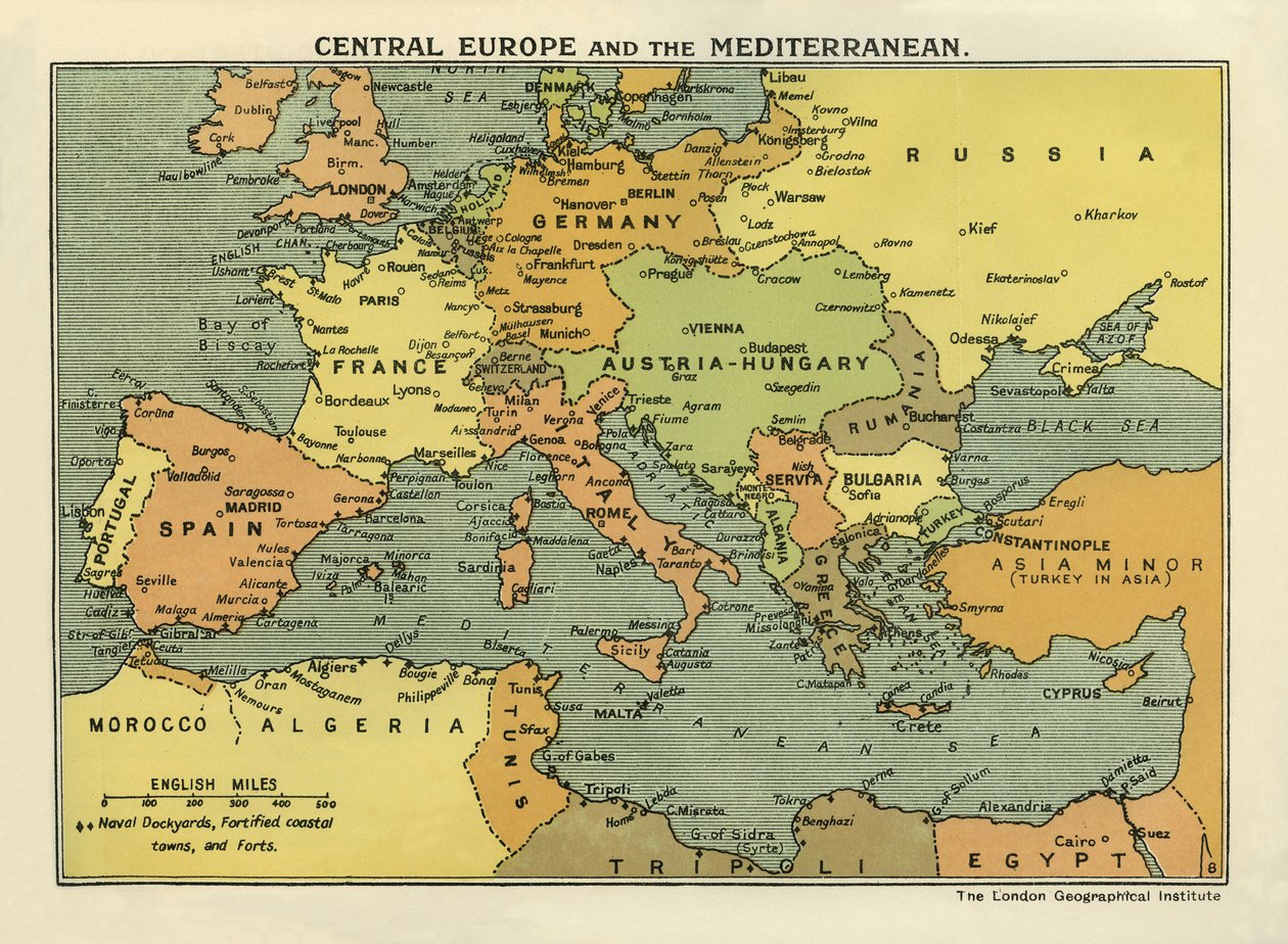 Mapa da Europa Central e do Mediterrâneo, de "The History of the Great European War, Vol. III" (impresso) de English School