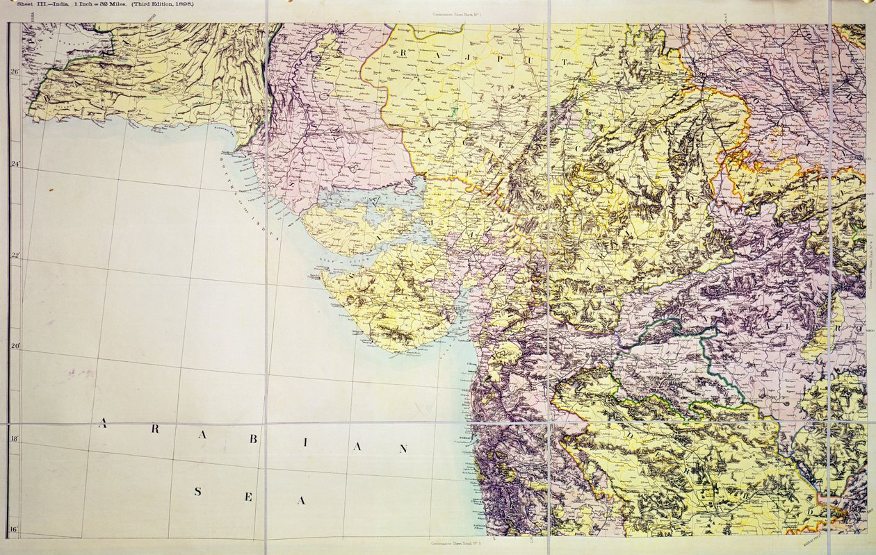 Mapa da Cutch e da Presidência de Bombaim, Índia, 1898 de English School