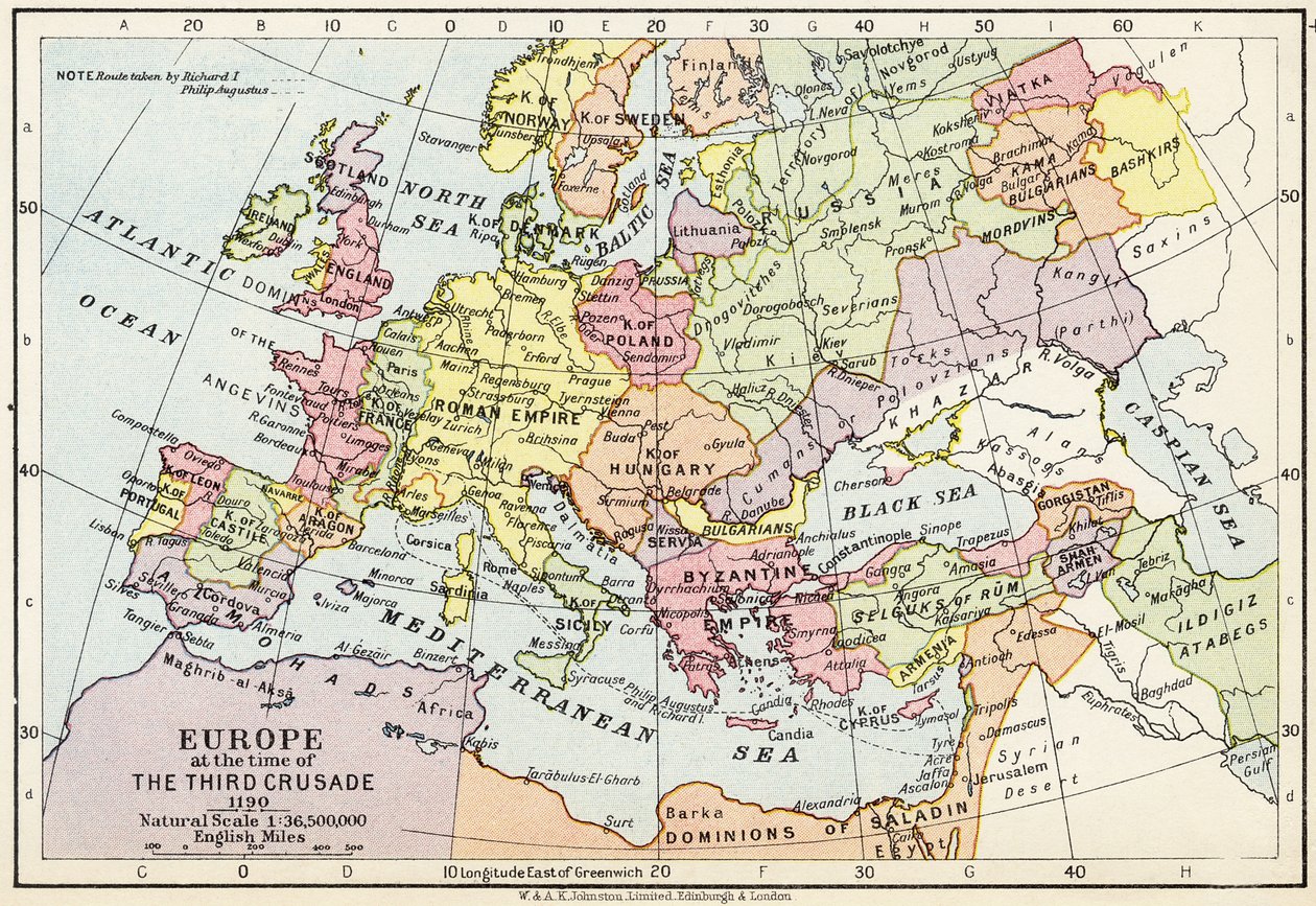 Mapa da Europa na época da Terceira Cruzada, 1190, de &39;Historical Atlas&39;, publicado por W. und AK Johnston Limited, 1911 de English School
