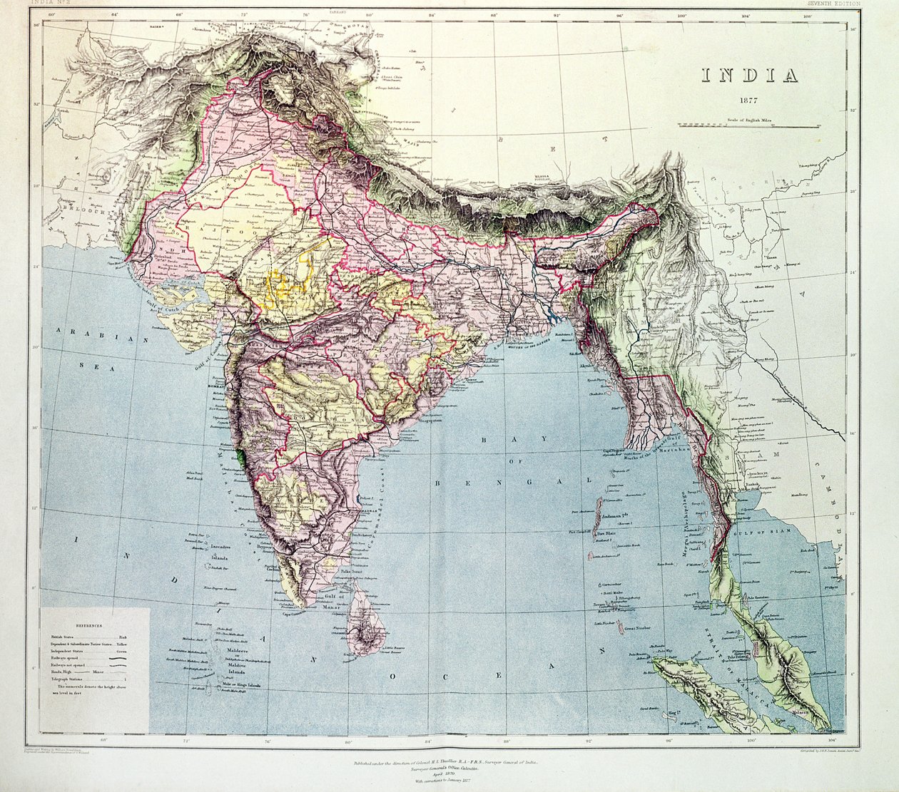 Mapa da Índia, publicado sob a direção do Coronel HR Thuillier, RE, Surveyor General of India, 1877 de English School