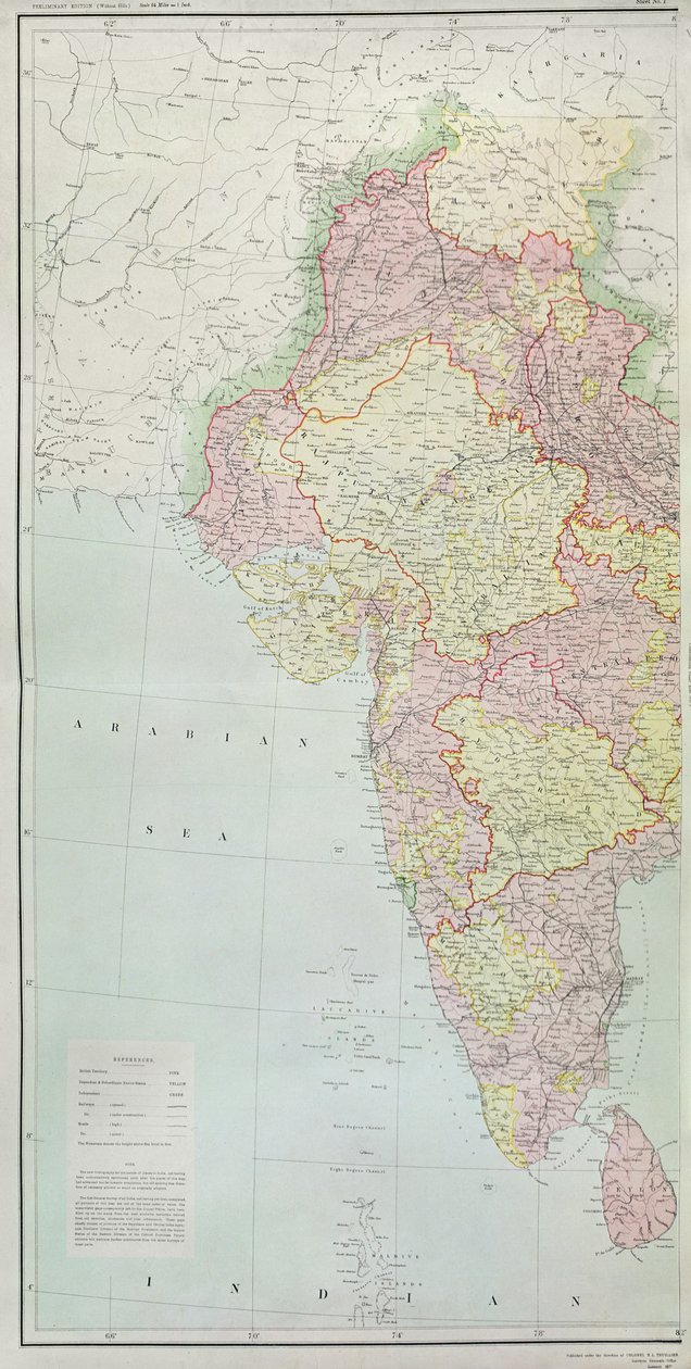 Mapa da Índia, publicado sob a direção do Coronel HR Thuillier, RE, Surveyor General of India, 1877 de English School