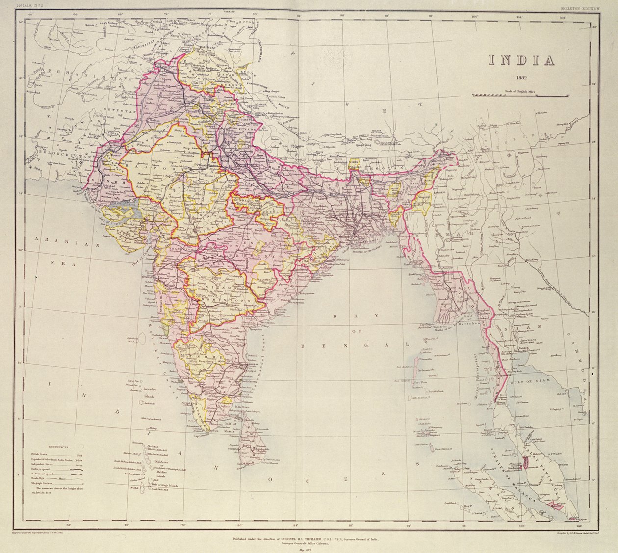 Mapa da Índia, publicado sob a direção do Coronel HR Thuillier, RE, Surveyor General of India, 1882 de English School