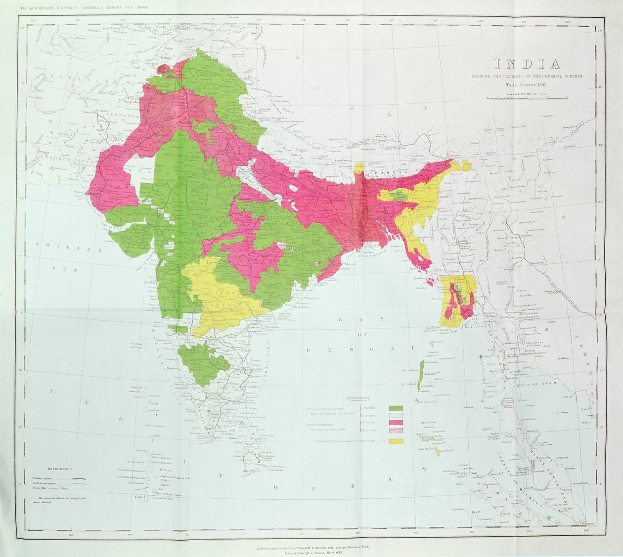 Mapa da Índia, mostrando o progresso das Pesquisas Imperiais, publicadas sob a direção do Coronel HR Thuillier, RE, Surveyor General of India, 1888 de English School