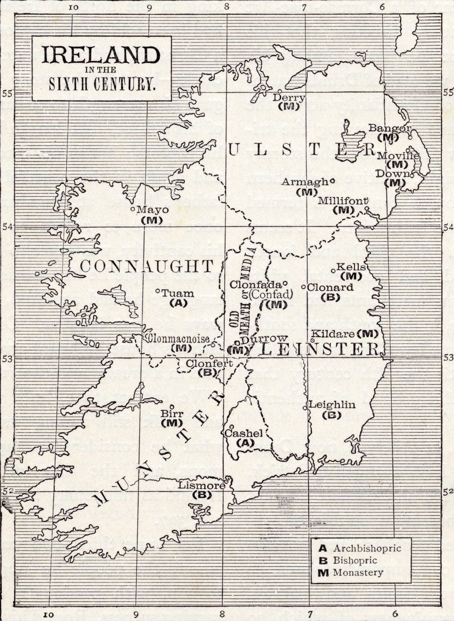 Mapa da Irlanda no século VI, do livro "A Igreja da Inglaterra: Uma História para o Povo", publicado em 1910 de English School