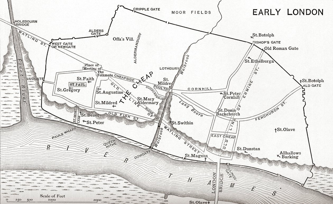 Mapa de Londres no século 11, de "Uma Breve História do Povo Inglês" por JR Green, publicado em 1893 de English School