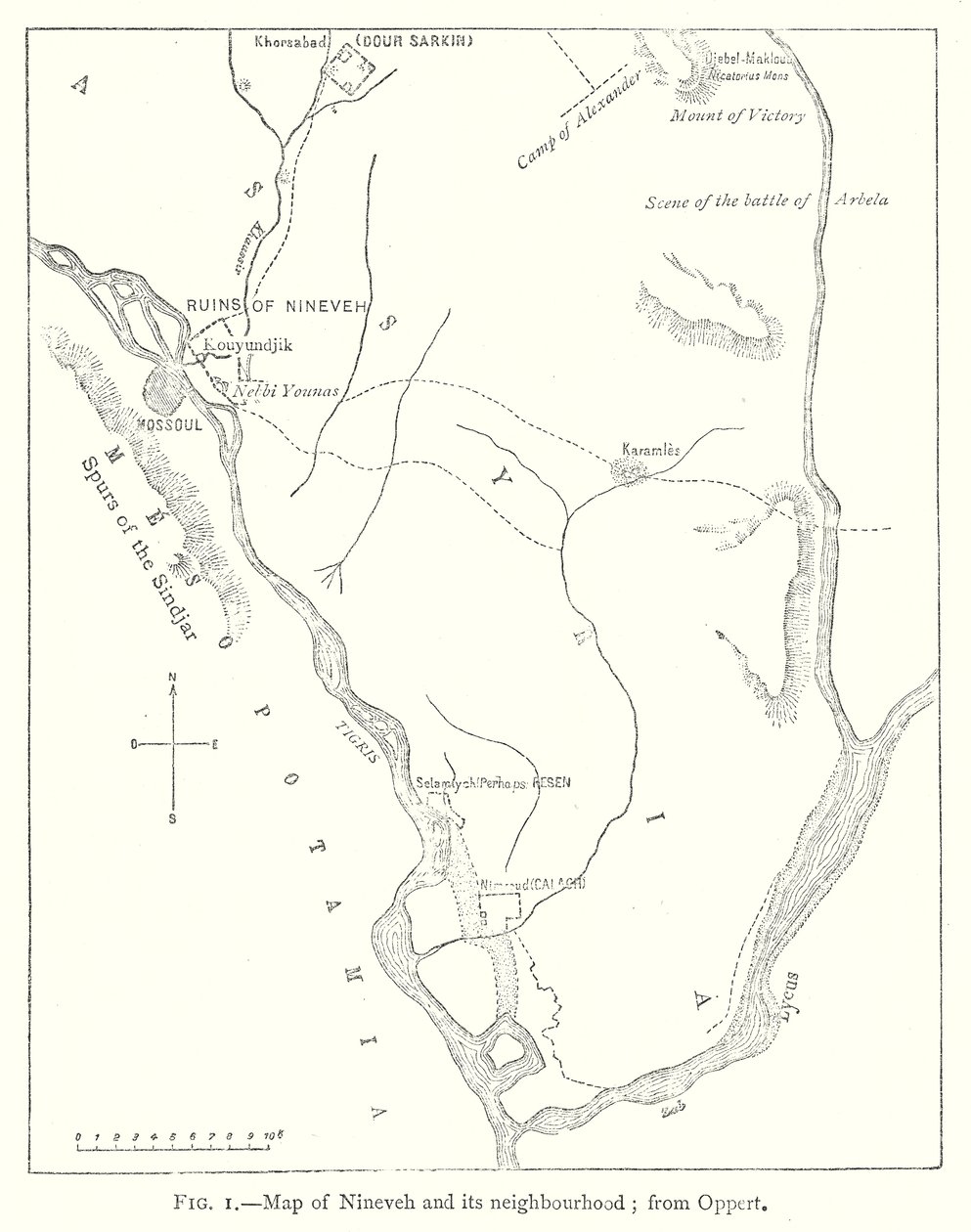 Mapa de Nínive e dos seus arredores; de Oppert (gravura) de English School