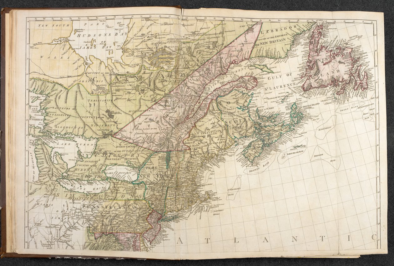 Mapa da América do Norte, detalhe da costa oriental dos EUA e Canadá, do 