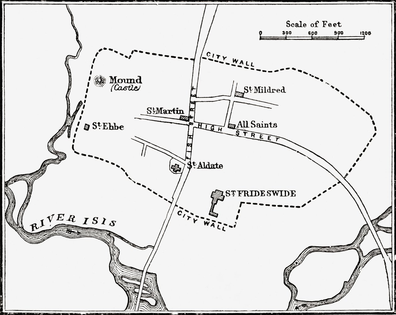 Mapa de Oxford, Inglaterra, do século XII ao XIII, de "Uma Breve História do Povo Inglês", de JR Green, publicado em 1893 de English School