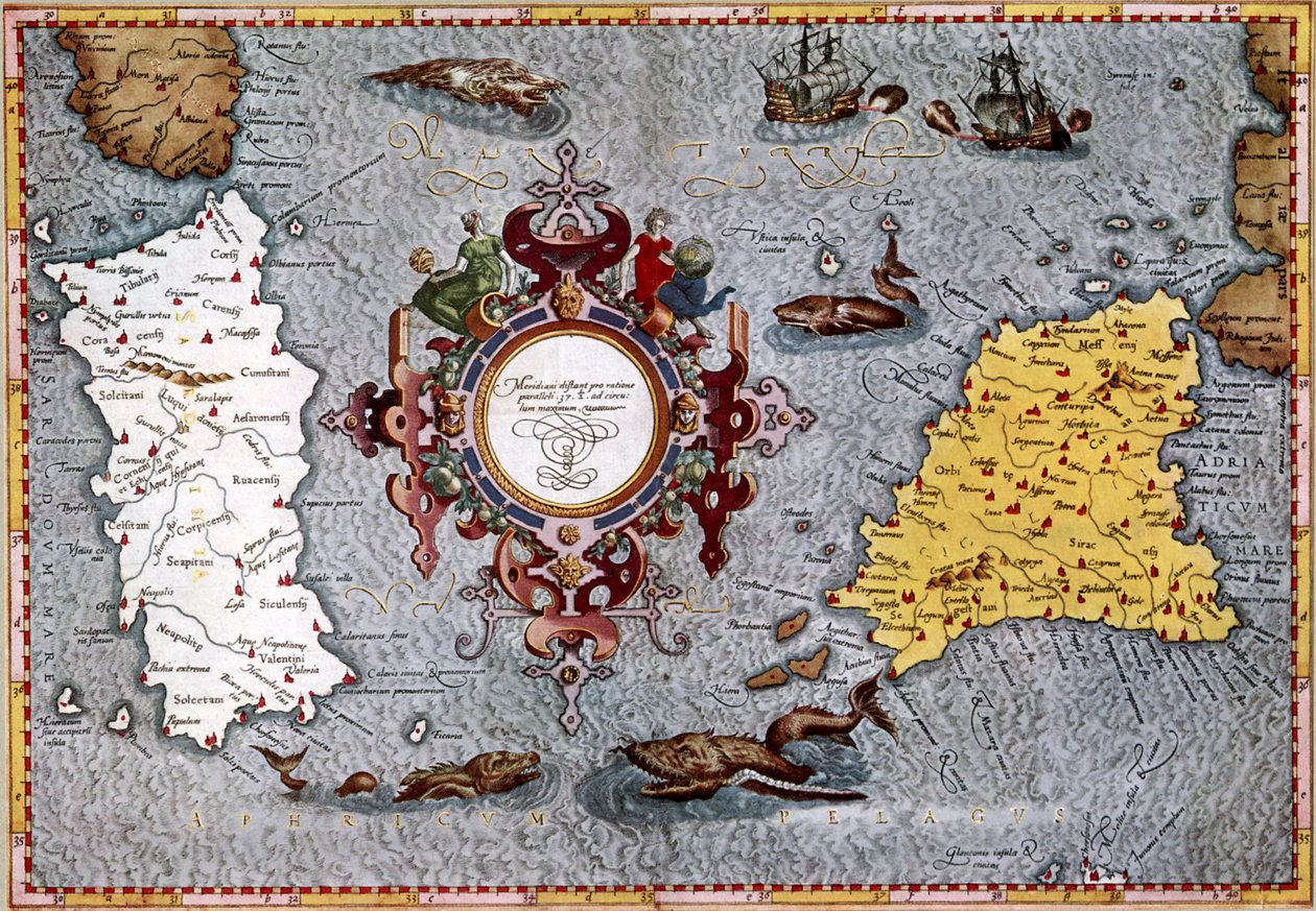Mapa da Sardenha e da Sicília, "Geographica" de Ptolomeu de English School
