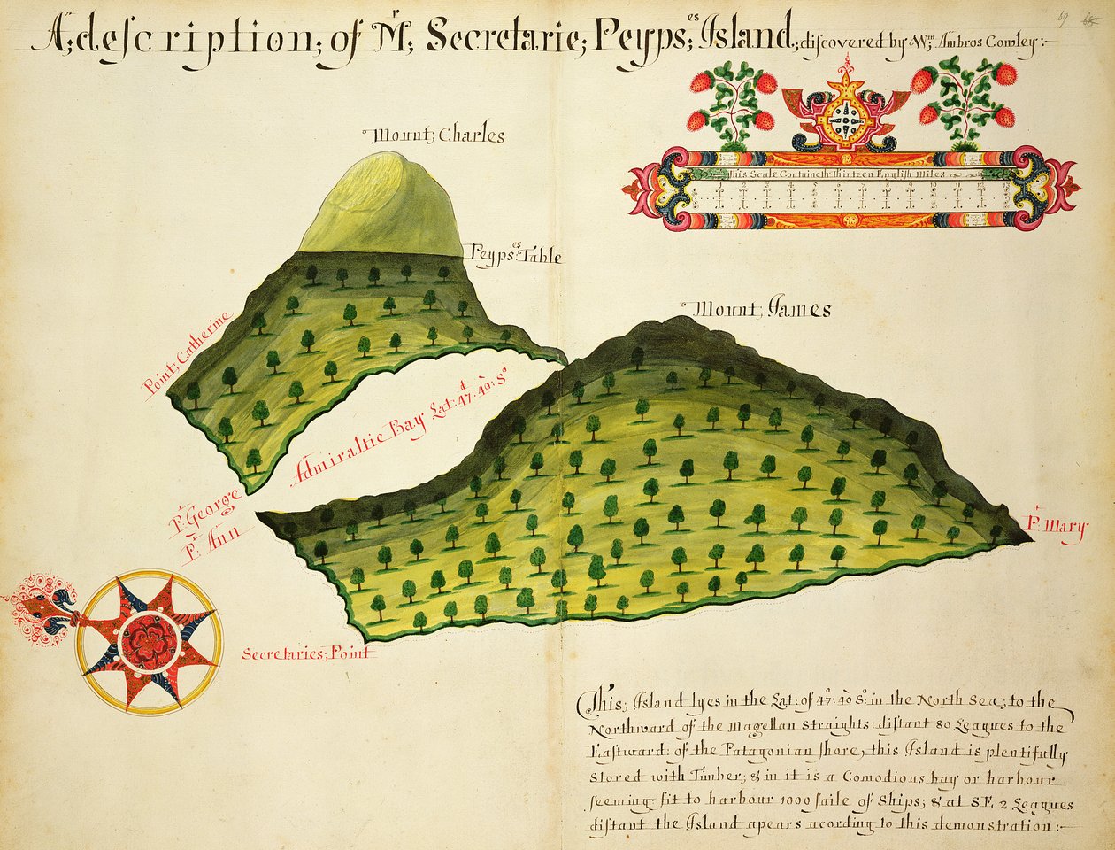 Mapa de Secretaire e Pepys Islands no Estreito de Magalhães, c.1628 (caneta, tinta e aguarela sobre papel) de English School