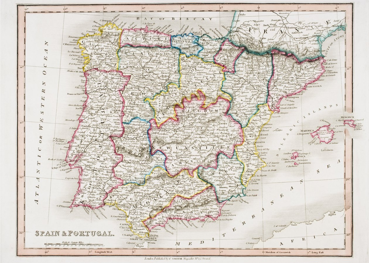 Mapa de Espanha e Portugal, de &39;Smith&39;s General Atlas&39;, publicado por C. Smith Mapseller, Londres em 1850 (cor litho) de English School