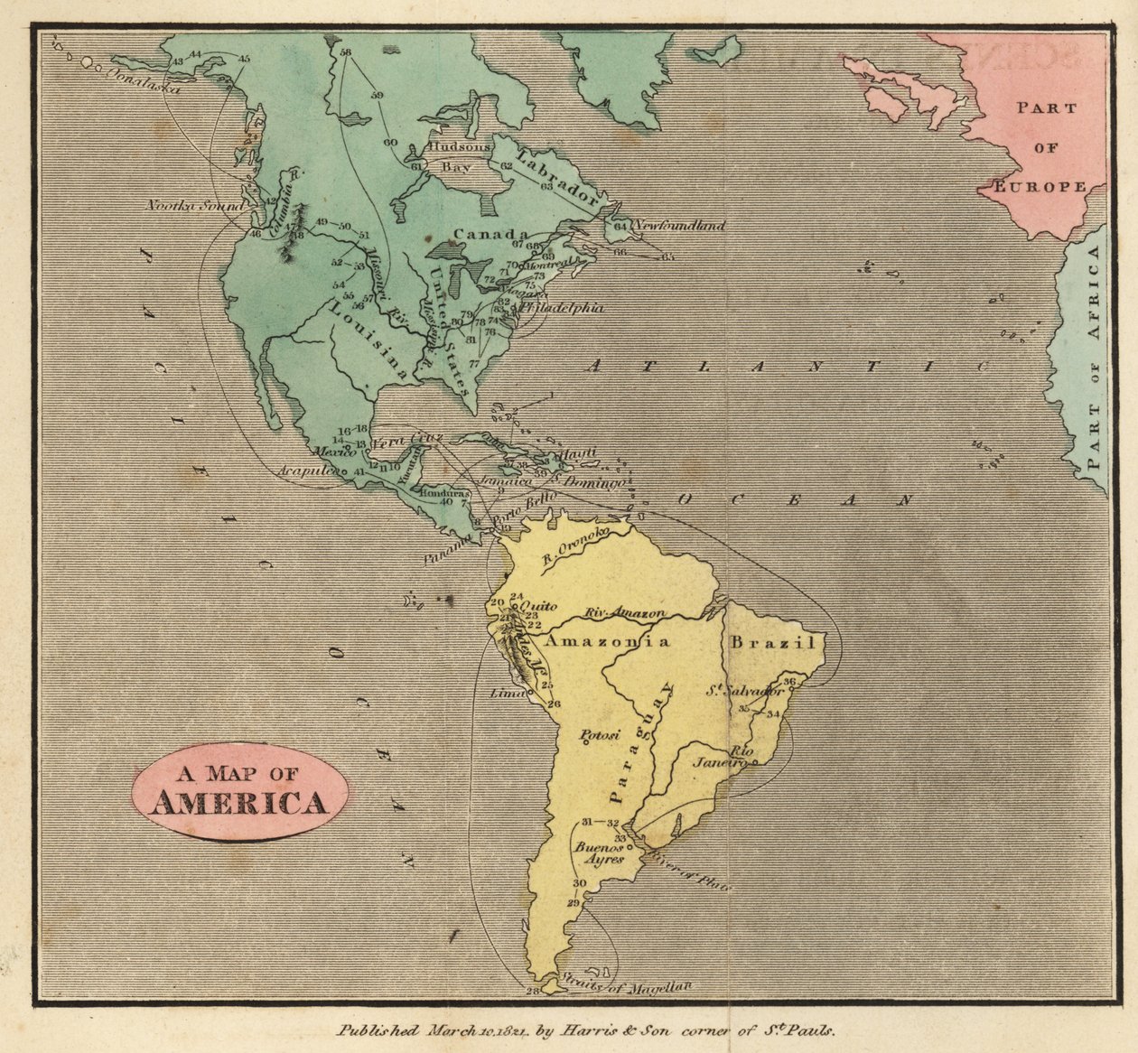 Mapa das Américas, cerca de 1821 de English School