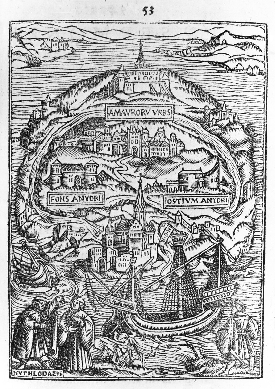 Mapa da Ilha da Utopia, frontispício do livro, 1563 de English School