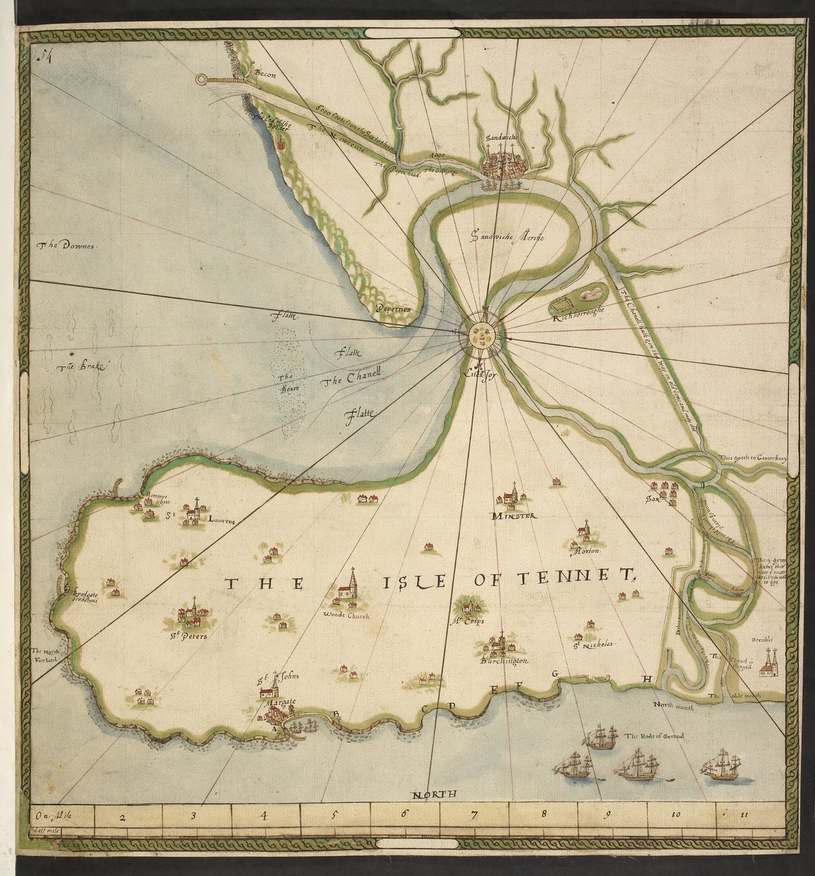 Mapa da Ilha de Thanet e Sandwich Marsh, com base num plano de John Rogers, c.1610 (caneta, tinta e aguarela sobre papel) de English School