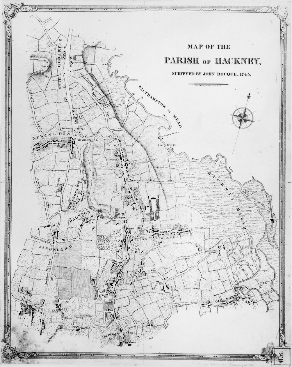 Mapa da Paróquia de Hackney, pesquisado por John Rocque (c.1709-1762) 1745 de English School